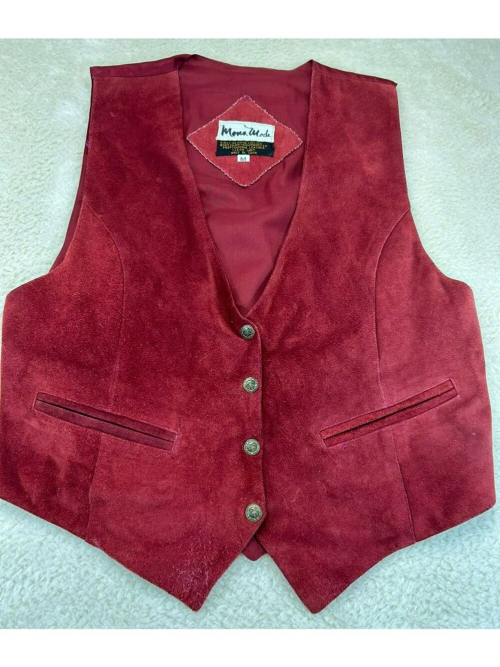 Vintage Mona Mode Mens M Suede Leather Vest Burgundy Button Front Adjustable